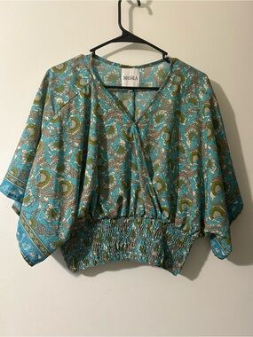 Masala Paisley Boho Crop Top Size Large Teal Blue Green Multicolor Print Summer